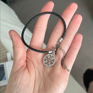 Tory Burch Black Braided Bracelet with Silver Medallion